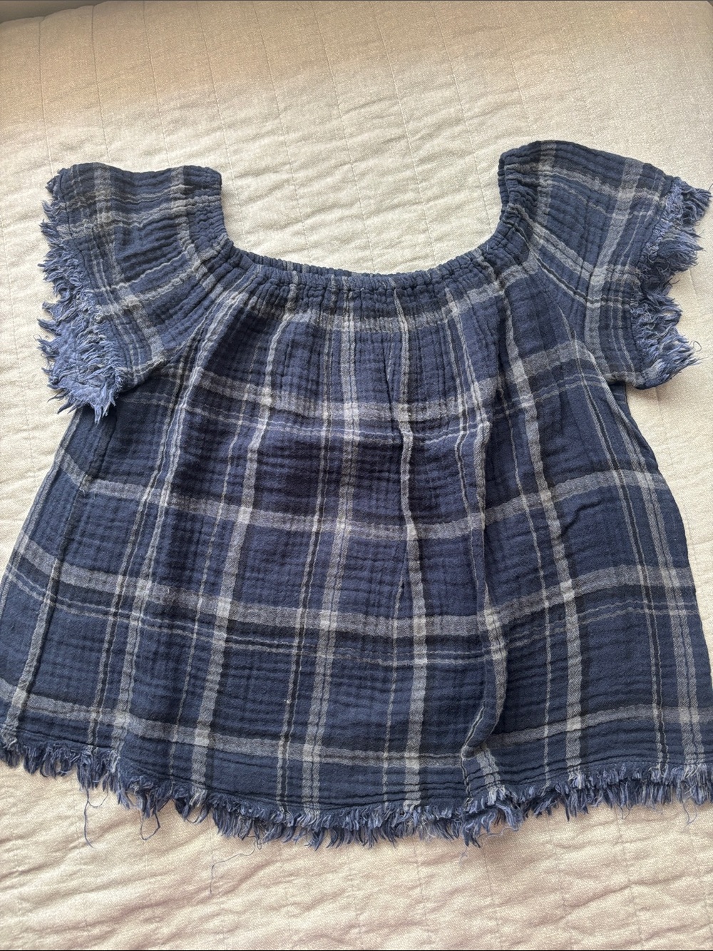 Lucky Brand Navy Plaid Off-Shoulder Blouse